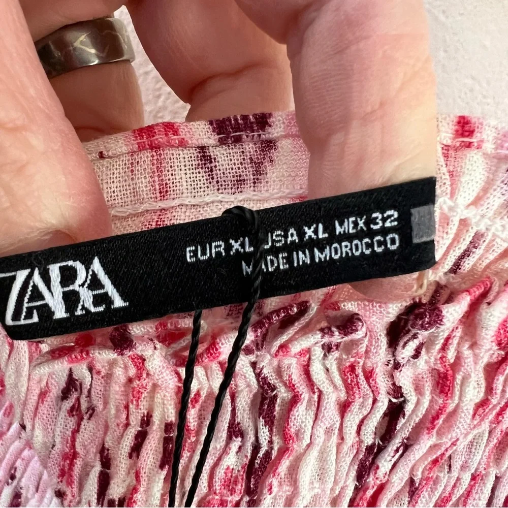 ZARA NWT 2024 Pink Linen Blend Printed Midi Dress Ruched Elastic Top Size XL - Picture 4 of 13